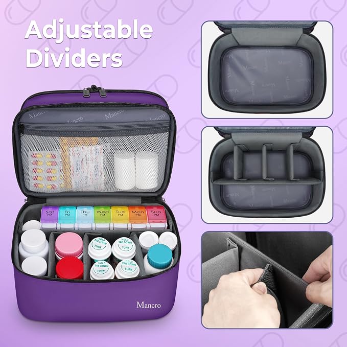 Mancro Dual Layers Pill Bottle Organizer Bag, Medicine Pill Organizer Bag with Lockable Zipper, Medicine Travel Bag for Pills, Vitamins, Pill Cutters, Medical Supply for Home Storage, Purple