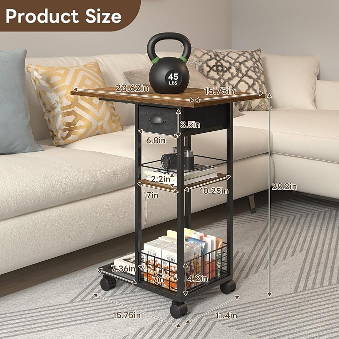 Large C Shaped End Table, Tray Table with Wheels, Drawer and Storage Basket | Large 23.6 x 15.7-Inch Top: 360°wheel rotation, 3-Tier storage with drawer and wheels or adjustable feet.