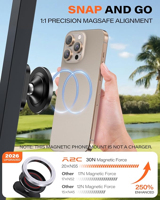 A2C Alloy Magnetic Golf Cart Phone Holder, Golf Accessories for Men, Black | Golf Gift for Men Dad Father Husband Male Golfers, Golf Accessories Essentials Gadgets Gear Stuff Fits EZGO Club Car Yamaha