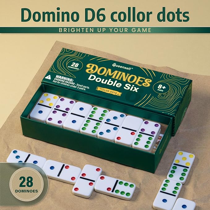 Queensell Large Tiles Dominos Set for Adults and Kids with Colored Dots - Double 6 Dominoes Set is a Classic Board Games for Kids and Adults - Double Six Standard Dominos Set 28 Tiles
