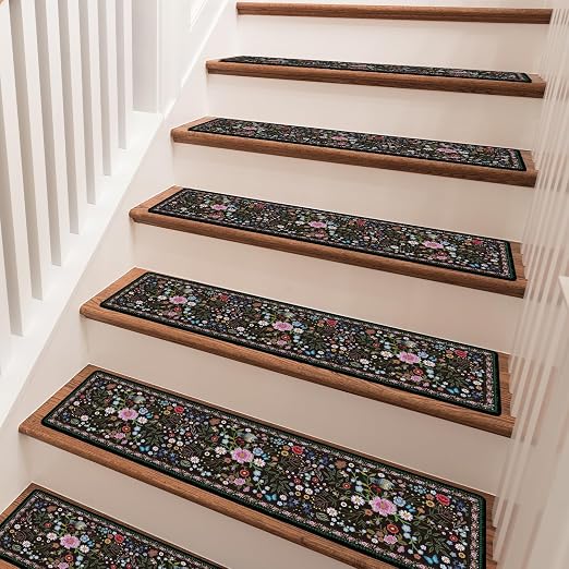 Stair Treads for Wooden Steps 15 Pack, Flower Stair Runners Non Slip and Washable, Vintage Floral Rug Carpet for Stairs with Silicone Backing 8" X 30"