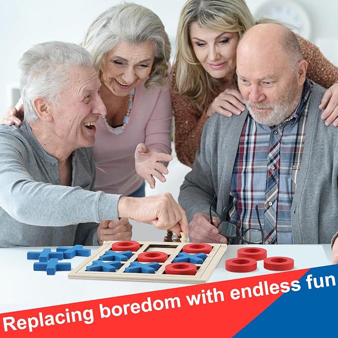Seenelling Jumbo Wooden Tic Tac Toe Game Dementia Activities for Alzheimers Seniors with Matching and Puzzle Templates XO Chess Board Game for Elderly Engaging Table Decor(Blue, Red)
