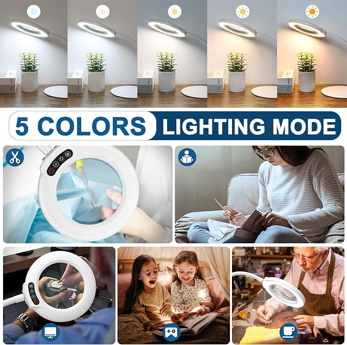 IVMAIE 12X Magnifying Glass with Light, Real Glass Lens, 5 Color Modes Dimmable, Flexible Gooseneck Lighted Magnifier with Stand, LED Desk Lamp Hands Free for Crafts Painting Reading Close Work, White