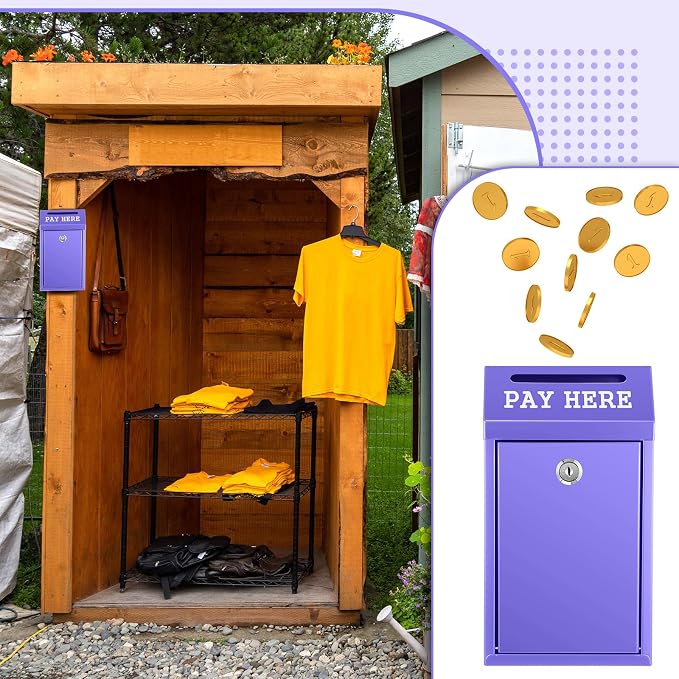 Yaocom Safe Metal Cash Box for Farm Stand – Money Drop and Secure Donation Collection, Wall Mount Lockable Unit with Pre Drilled Holes for Outdoor Self Serve(Purple,10.2 x 5.7 x 2.8 Inch)