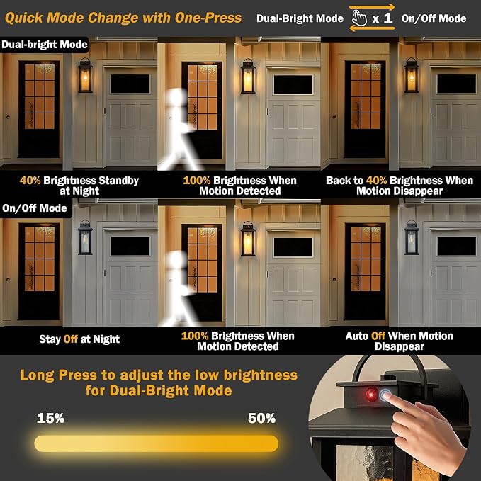 2-Pack 15.5" Motion Sensor Outdoor Lights Dusk to Dawn Porch Light | 3 Lighting Modes, E26 Socket, Water Glass, Hardwired, Matte Black Exterior Lighting Fixtures for Porch Front Door