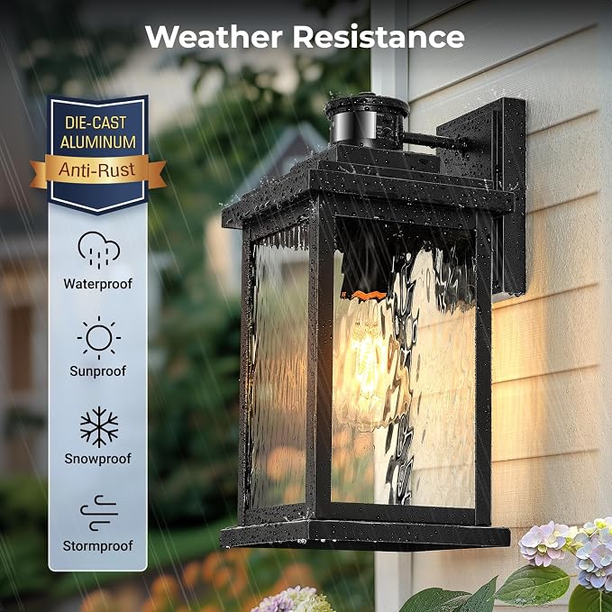 VIANIS Large Advanced Motion Sensor Outdoor Lights, Outdoor Wall Lights | Easy-to-Install, Aluminum Waterproof Porch Light, Water Glass, Black Dusk to Dawn Outdoor Wall Lights for Porch, Garden, Door