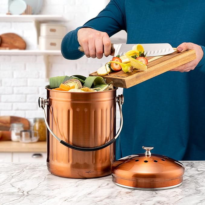 Premium Compost Bin for Kitchen Countertop - Stainless Steel Food Waste Bucket with Innovative Dual Filter Technology - Includes Spare Filters (Matt Copper, 1.3 Gallon)