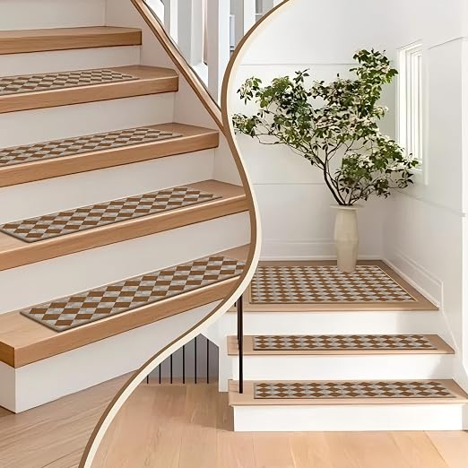 Non Slip Stair Treads for Wooden Steps, 1 Pack 30"x30" Washable Carpet | 30x30 in soft chenille polyester stair treads with reusable TPE backing for indoor wood stairs, dogs, kids, and seniors