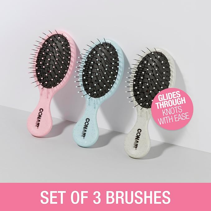 Conair Detangling Mini Hair Brush Set, 3-Pack Detangler Brushes for Wet or Dry Hair, Gentle Detangler for All Hair Types, Hair Brushes for Women and girls. gifts for her, Silver, Blue, Pink