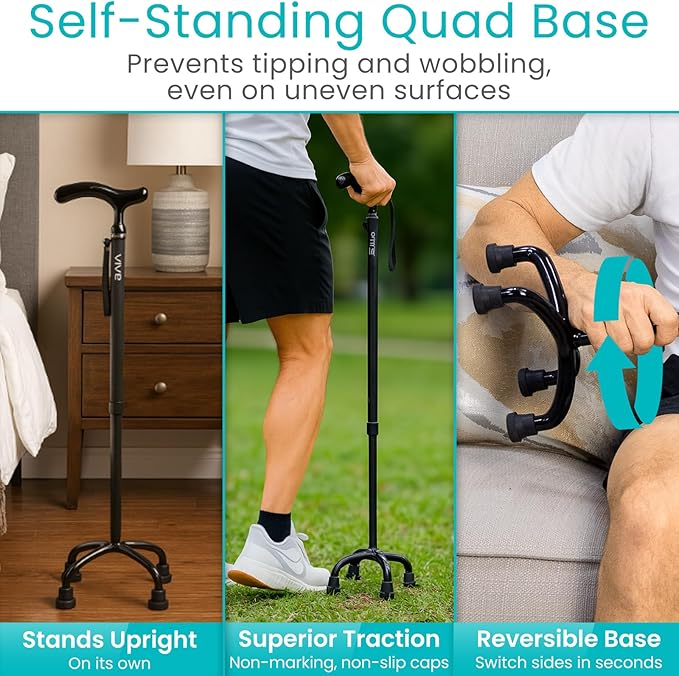 Vive Ultra-Lightweight Quad Cane - Carbon Fiber Walking Stick for Men & Women - Adjustable Ergonomic Grip Handle - Nonslip 4 Prong Rubber Tips for Right, Left Stability Support - Mobility Travel Aid