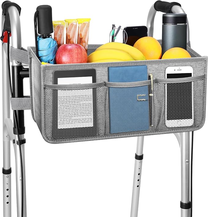 Dotday Upgraded Walker Basket with Cup Holder, Foldable Walker Bag | Basket for Walker for Senior, Walker Accessories for Folding Walker, Large Capacity, Never Tipping Over, Not Fit for Rollator