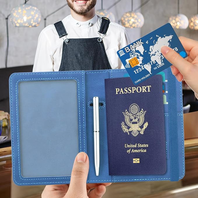 ACdream Passport and Vaccine Card Holder Combo, Cover Case with CDC Vaccination Card Slot, Leather Travel Documents Organizer Protector, with RFID Blocking, for Women and Men, C - Light Blue,