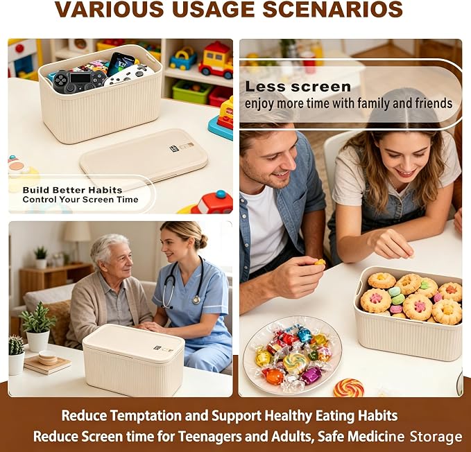 Lockable Storage Box, Plus Lock Box with Code – 2 inch Taller Version for Medication Safe, Phone Jail, Food Snacks, First Aid Kits, Refrigerator, Office, School, Home, Travel Gift (Beige)