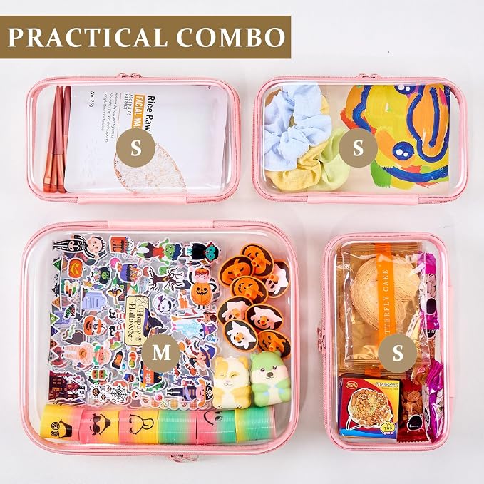 4 pcs Clear Zipper Pouches,Hard Shell Zipper Case, Toiletry Bag for Travel | CLear Diaper Bag, Toiletry Pouch, Travel Organizer, Cosmetic Bag,Toy Storage Bins (M+3S) (Light Pink)