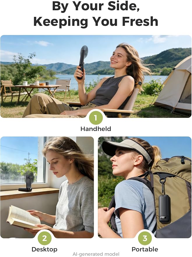 Aecooly Slim Portable Fan with Digital Display, Thin Handheld Fan | USB Rechargeable Mini Personal [24H Max Cooling Time], Battery Powered Small Foldable Pocket Gifts for Women, Travel -Black