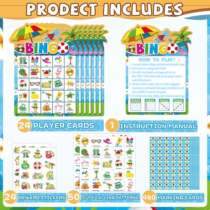 39Pcs Pool Party Bingo Game for Adults Kids 24 Players Summer Party Bingo Game Cards with Reward Stickers for Family Friend Student Large Group Activities Hawaiian Tropical Beach Parties Supply Favors