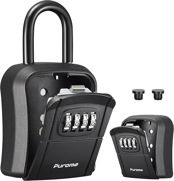 Puroma Key Lock Box Outdoor 4 Digit Code Combination Lockbox House, 1 Black | For Contractors Guest Realtor Storage Keys, Portable, Home Wall Mount, Resettable, Combination, Weatherproof, High-capacity