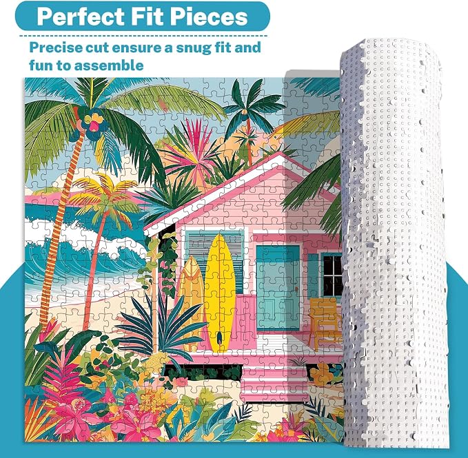 500 Piece Jigsaw Puzzle for Adults, Tropical Beach House | Tropical beach house scene with palm trees, surfboards, flowers, poster, storage bag, back letters and thick cardboard.