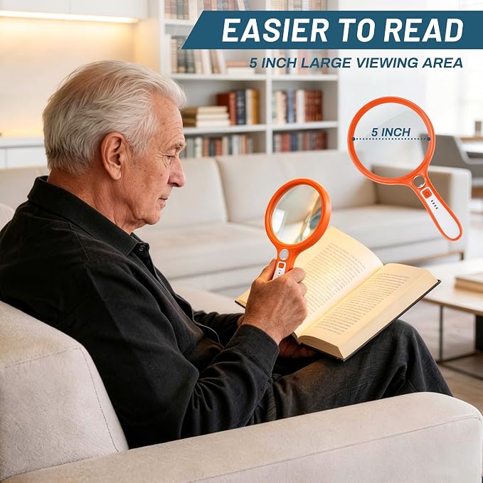 Large Magnifying Glass with Light: 5IN Handheld Illuminated Lighted Magnifier with 13 LED Lights, Rechargeable Magnifier (Orange+White, Magnifier with Light (No Case))