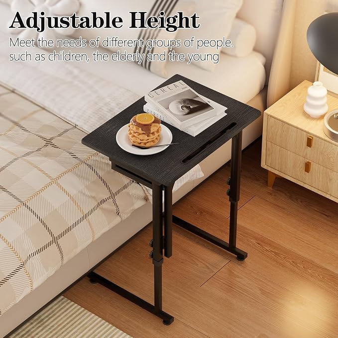 Adjustable Height Tv Tray Table,Portable Folding Tv Tray Dinner Snack Trays Table,Small Foldable C-Shaped End Table for Eating,Slide Under Couch Side with Sturdy MDF Top,No Assembly(Black+Black)