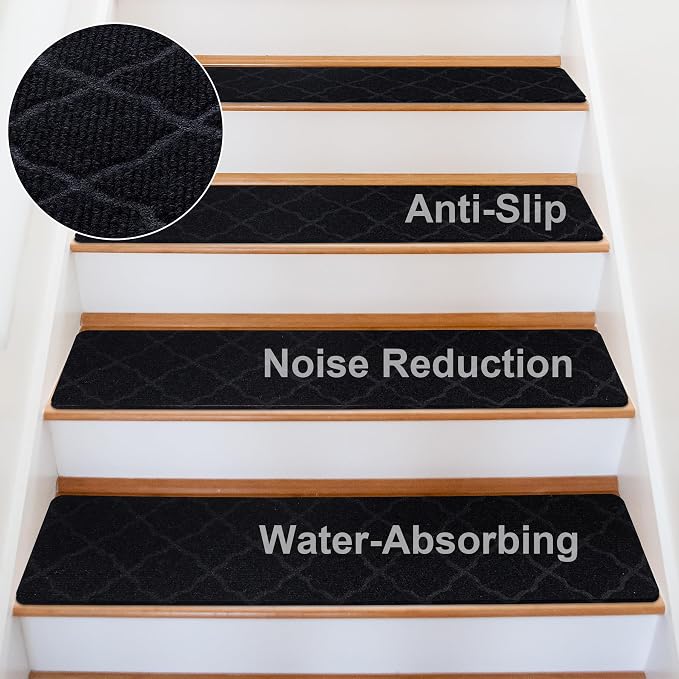 7 PCS Non Slip Stair Treads for Wooden Steps – 8"x30" Indoor Non Slip Stair Treads, Carpet Stair Mats with Self-Adhesive Backing, Removable & Machine Washable – Dark Grey Pattern