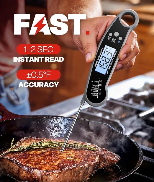 Meat Thermometer Digital, Food Thermometer for Cooking, Grey | Instant Read, for Grilling, BBQ, Air Fryer, Smoker, Candy, Kitchen Gadgets, BBQ Essentials, Gift for Dad, Men, Women
