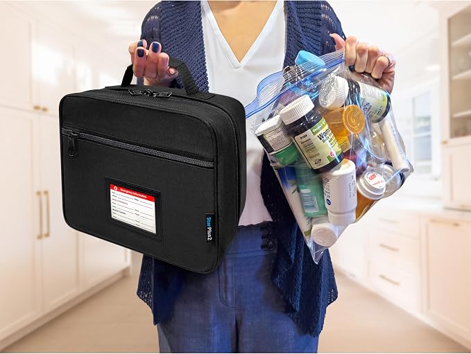 Large Medicine Organizer Bag With Emergency Card - 10 Pocket Pill Bottle Organizer for Travel & Home Storage, Black