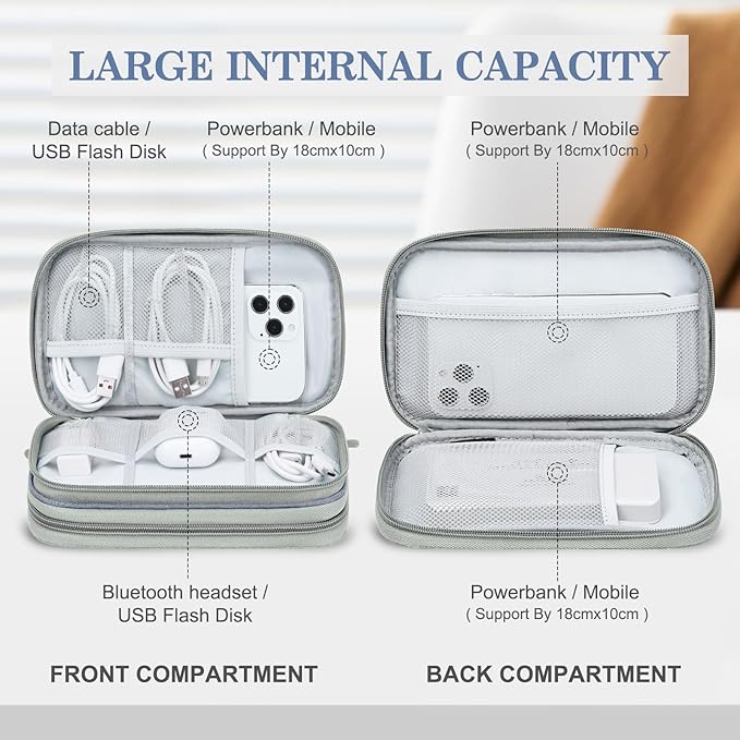 FYY Electronic Organizer, Travel Tech Pouch Bag, Medium, Light Grey | Wrist Strap, Waterproof, Double Layers Portable Electronics Travel Carrying Case for Cord, Charger, Daily Business Trips Use