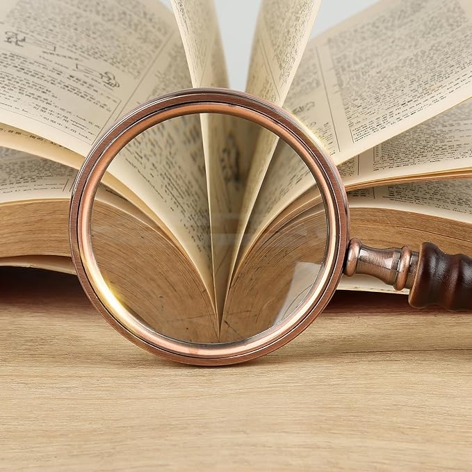 Rongon Handheld Magnifying Glass 10X Vintage Reading Magnifiers with Wooden Handle Antique Copper Portable Magnifying Lens for Reading Macular Degeneration Hobby Observation Classroom