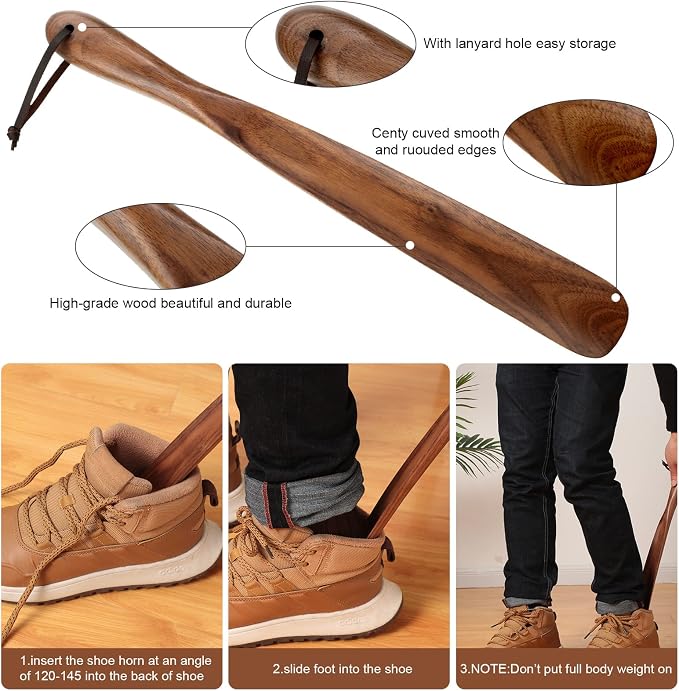 2 Pcs Wood Wear Shoe Horn Helper Long and Short Shoe Horn Handle for Seniors Men Women Pregnancy