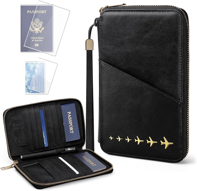 Family Passport Holder for 4 Travel RFID Blocking Passport Holder | With Clear Passport Cover, Anti-Theft, PU Material, Travel Document Organizer, Black