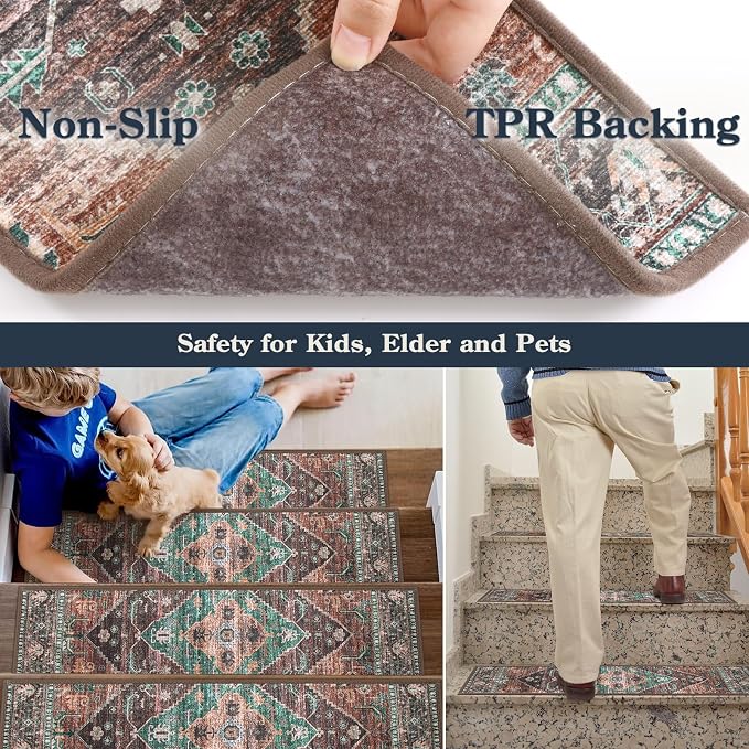 Lahome Non Slip Stair Treads Indoor 15 Pack 8" X 30" Carpet Treads for Wood Stairs, Washable Self Adhesive Stair Runners Soft Surface, Noise Reducing for Kids, Elders and Dogs Dorie, Dull Teal