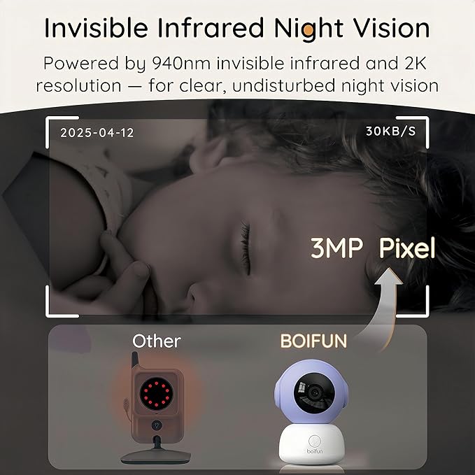 BOIFUN 2K HD Baby Monitor with Smartphone App, Wi-Fi Cameras,5-inch Display, Camera and Audio, Motion Tracking, Encrypted Connection, Night Vision, Long-Range 2-Way Talk, Temp Sensor