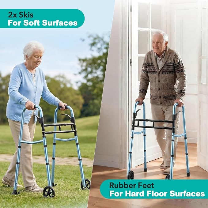 HOMENURSE Narrow Walkers for Seniors, Folding Walker with Skis and 5" Wheels for Small Spaces, Adjustable Width & Height, Aluminum Lightweight Standard Rolling Walker, Support Up to 350lbs, Blue