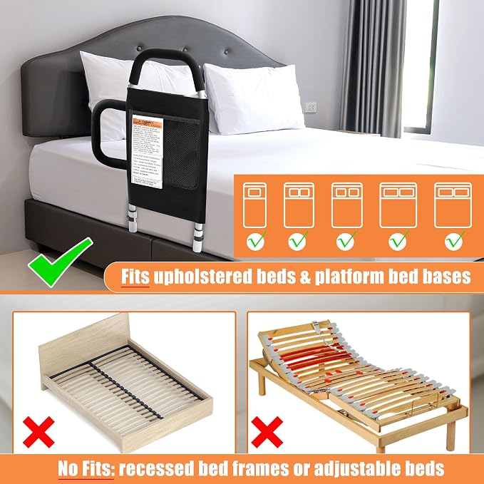 Bed Rails for Elderly Adults, Bed Assist Rails for Seniors with 2 Grab Bars & Storage Pocket & Fall Prevention Guard, Fits King, Queen, Full, Twin Bed, Support Up to 300lbs