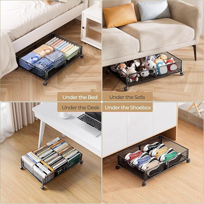 Yecaye Under Bed Storage with Wheels, 4 Pack Under Bed Shoe Storage Organizer Drawer, Tool-free Assembly Metal Underbed Storage Containers for Clothes, Shoes, Toys, Black