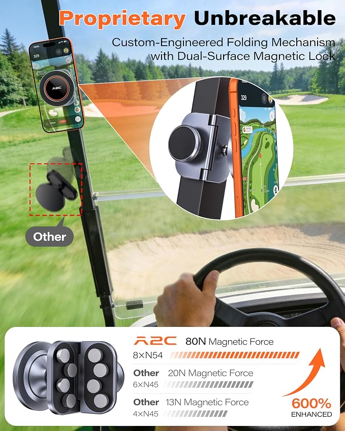 A2C Original Fold-Magnet Golf Cart Phone Holder with Rangefinder Mount, CNC Aircraft-Grade Aluminum Alloy, Premium Fathers Day Golf Gifts for Men Dad Him Women, Golf Accessories Essentials Gadgets