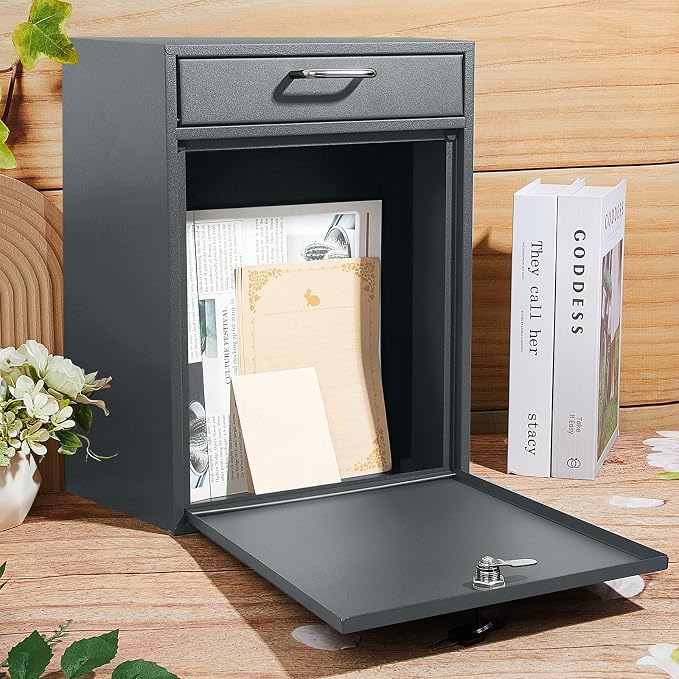 Yaocom Locking Mailbox with Key for Outdoor 18 x 15 x 7 Inches Large Wall Mount Mail Box with Lock Security Mail Drop Metal Collection Boxes Hanging Secure Postbox(Dark Gray)