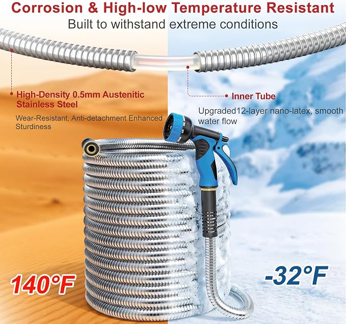 Lefree 75ft Metal Garden Hose - Heavy Duty 304 Stainless Steel Flexible Water Hose, No Kinks & Leak-Proof with Upgraded Handle, 10-Function Spray Nozzle for Yard, Garden, Pet Bath, Outdoor Cleaning | Flexible Heavy Duty No Kink Leak Proof with Upgraded...