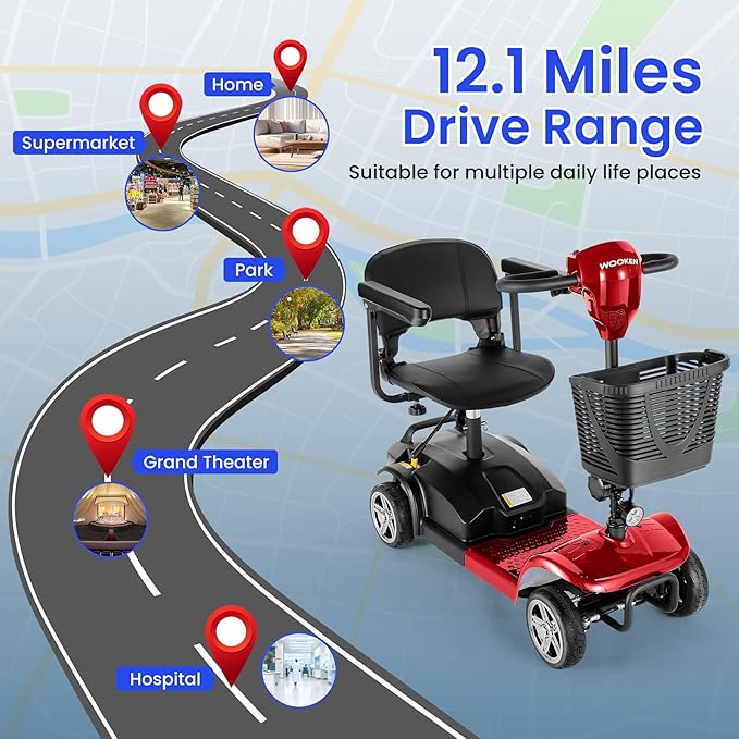 Wooken Mobility Scooters for Seniors, Adults, 4 Wheels Foldable Powered Mobility Scooter 264 lbs All Terrain, Compact Heavy Duty Electric Powered Wheelchair with Seat for Travel, Smart Safety System