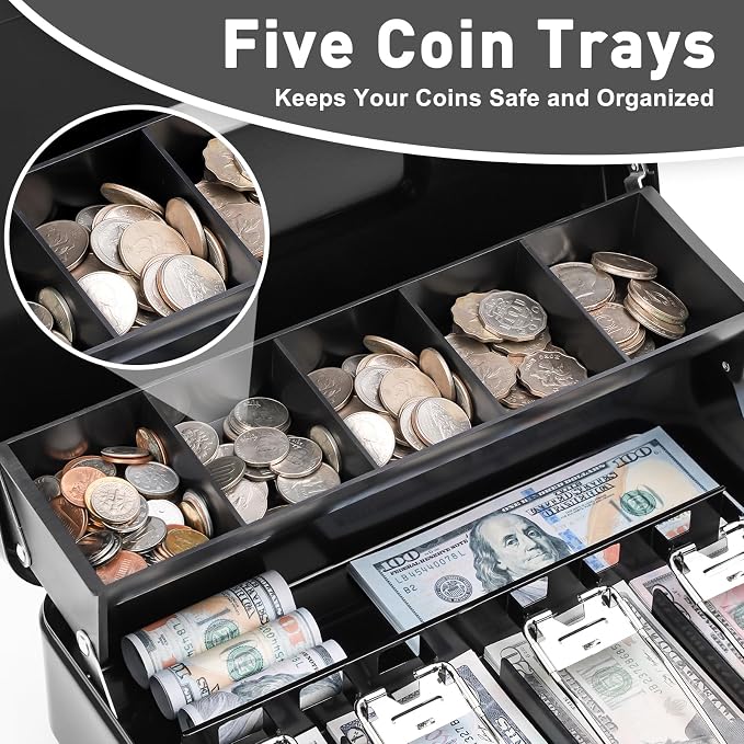 KYODOLED Metal Cash Box with Combination Lock & Spring-Loaded Bill Clips, 5-Compartment Cantilever Coin Tray, Portable Safe for Yard Sales/Craft Fairs/Small Businesses, 11.81”x9.45”x3.54”, Black