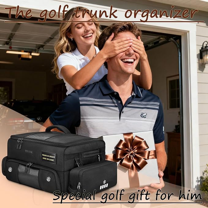 YOREPEK Upgraded Golf Trunk Organizer with Removable Insulated Pouch | Golf Gifts for Men, Golf Organizer with Dust-Proof Protective Layer, Multi-Compartment fit 2 Pairs of Shoes, Golfing Stuff