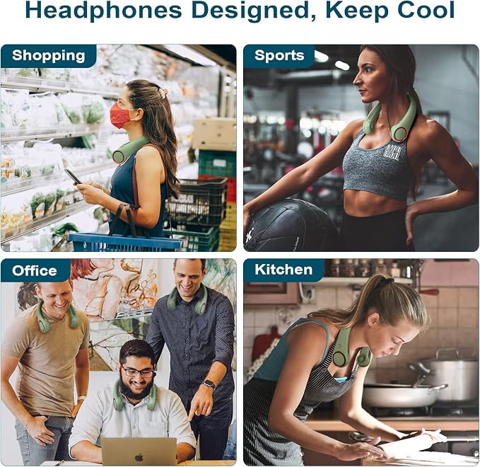 CIVPOWER Neck Fan: Portable Personal Neck Cooling Rechargeable Bladeless Fan - Hands Free 3 Speed 4000 mAh Battery USB Operated Wearable Headphone Design - Gift for Men Women Outdoor (Light Green)