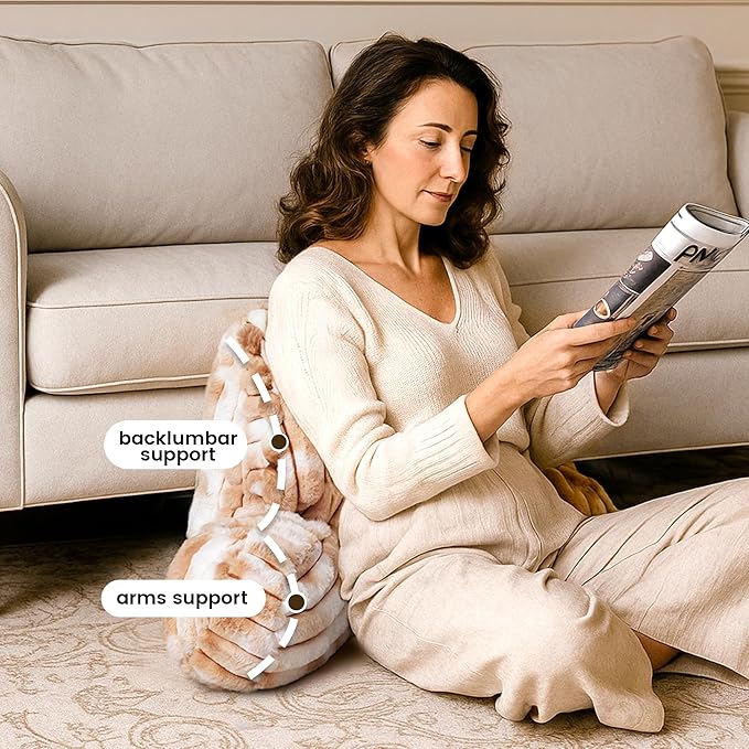 Amélie Home Faux Fur Reading Pillow with Pocket for Sitting in Bed, Kids Backrest Bed Pillow with Washable Cover for Lounging, Study & Relaxing, Tie-dye Khaki 17 inches