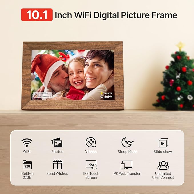 Uhale Digital Picture Frame 32GB Storage 10.1 Inch Wood WiFi Electronic Photo Frames SD Card Slot IPS Touch Screen HD Display Auto Rotate Slideshow Share Videos Photos Instantly Send Wishes Remotely