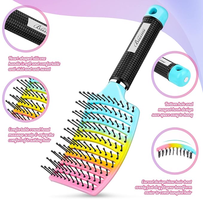 Curved Vented Paddle Brush - Faster Blow Drying, Detangling for Women & Men, Professional Styling for Wet, Curly, Thick or Straight Hair (colourful) | Professional Styling Detangling for Wet, Curly, Thick, Straight Hair, Remove Knots & Reduces Breakage