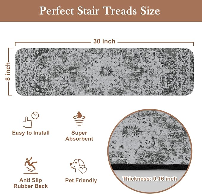 OJIA Stair Treads Non Slip Stair Runners for Wooden Steps Indoor 15PCS | 8"x30" Rubber Backing Carpet Stair Treads for Wood Stairs Staircase Step Treads for Kids & Dogs, Stair Covers Safety Mats