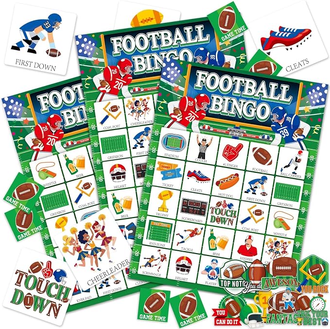 Lonfliness 39Pcs Football Bingo Game for Adults 24 Players American Football Bingo Game Cards with Reward Stickers for Family Friends Large Group Activities Sports Theme Birthday Party Favors