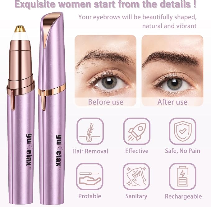 gurelax Eyebrow Trimmer for Women,Electric Eyebrow Hair Remover, Painless Brow Razor Shaper with LED Light, USB Rechargeable, Eye Brow and Face Epilator