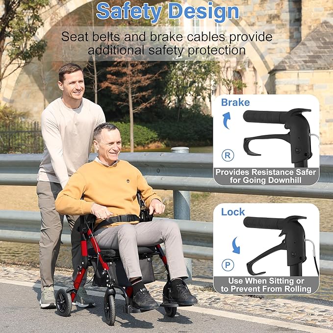 Rollator Walkers for Seniors with Seat, Walker Wheelchair Combo, 2 in 1 Rolling Walker Transport Wheelchair Lightweight Foldable, 10" Big Wheels Transport Chair with Brakes,Red